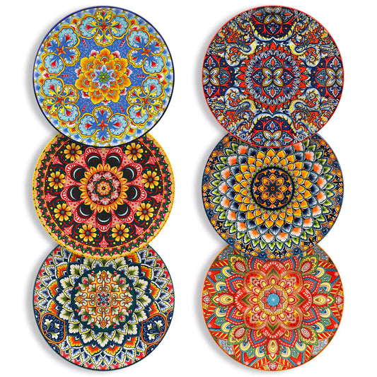 Lumi 8.5'' Bohemian salad plates set of 6 with vibrant patterns served with fresh food and cutlery on a bright table 1500