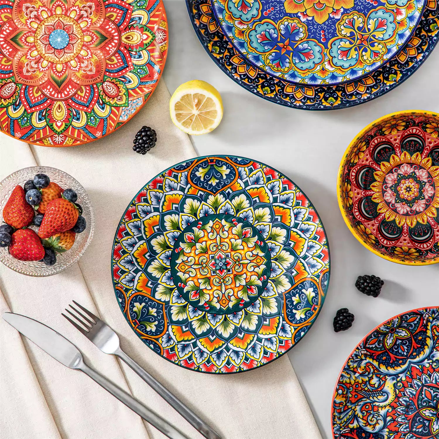 Lumi 8.5'' Bohemian salad plates set of 6 with vibrant patterns served with fresh food and cutlery on a bright table