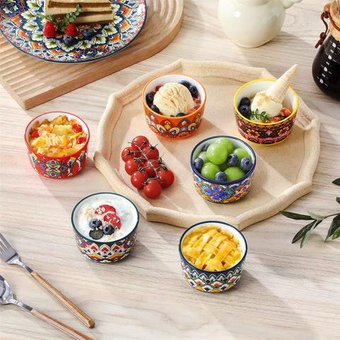 Lumi 6 piece 6oz porcelain ramekin bowls with vibrant Bohemian pattern on a rustic wooden tray