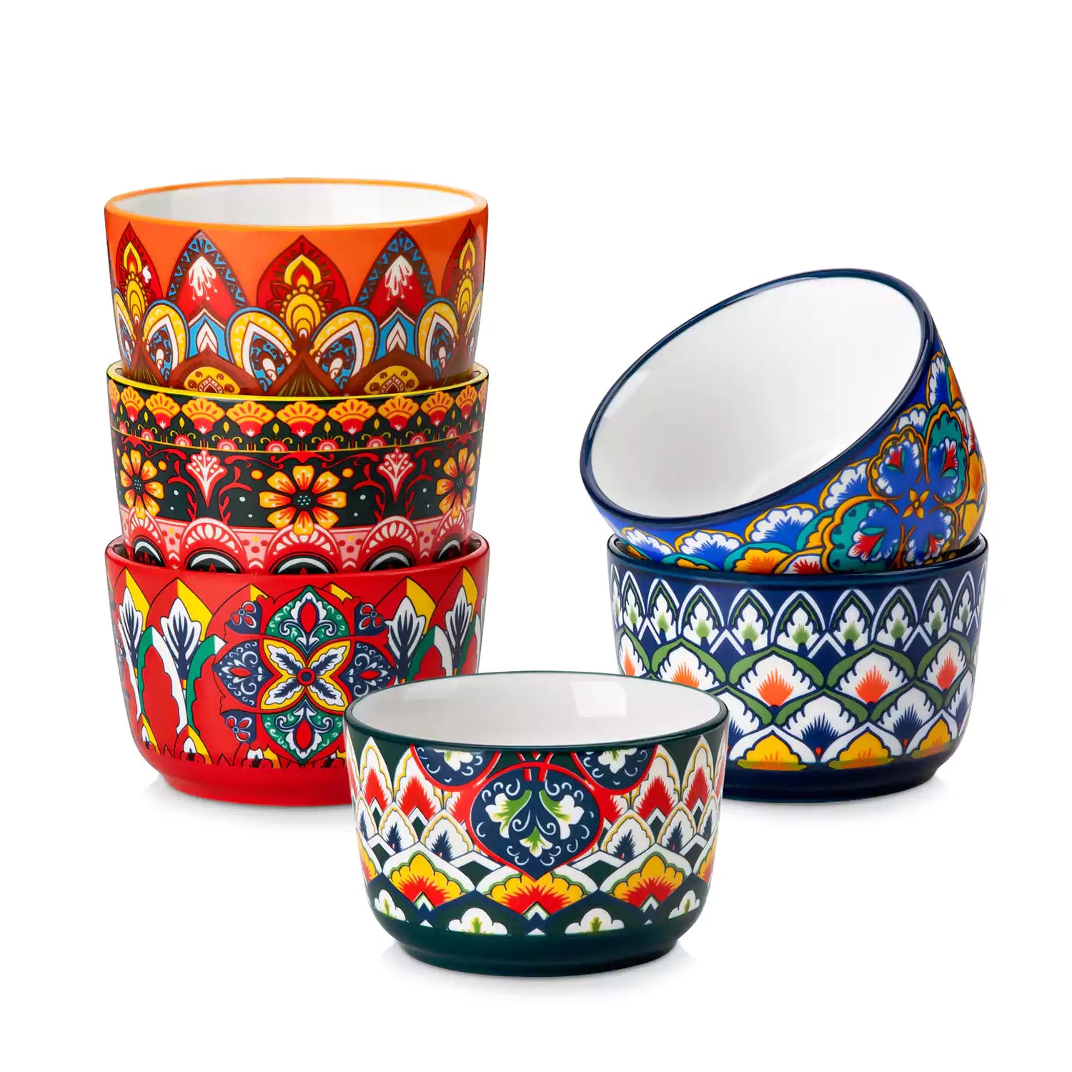 Lumi 6 piece 6oz porcelain ramekin bowls with vibrant Bohemian pattern on a rustic wooden tray