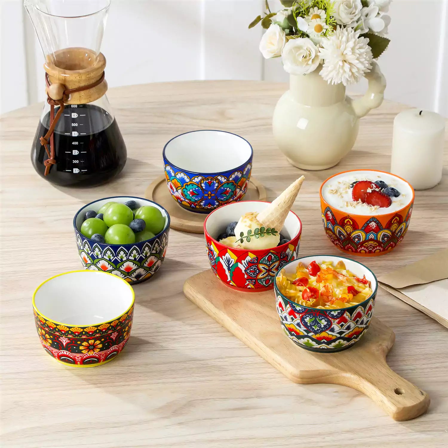 Lumi 6 piece 8oz porcelain ramekin bowls with vibrant Bohemian pattern on a rustic wooden tray