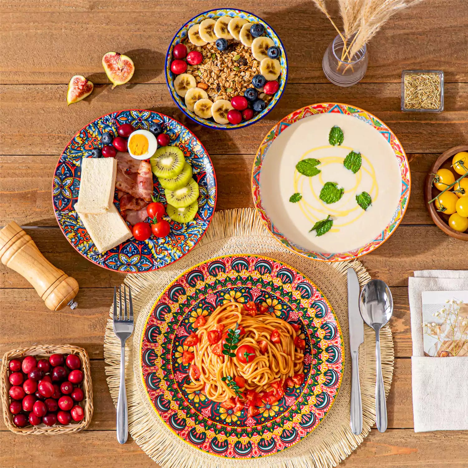 Bohemian Lumi 16 piece porcelain dinnerware set with colorful patterned plates and diamond-embossed bowls on a wooden table with assorted food and cutlery