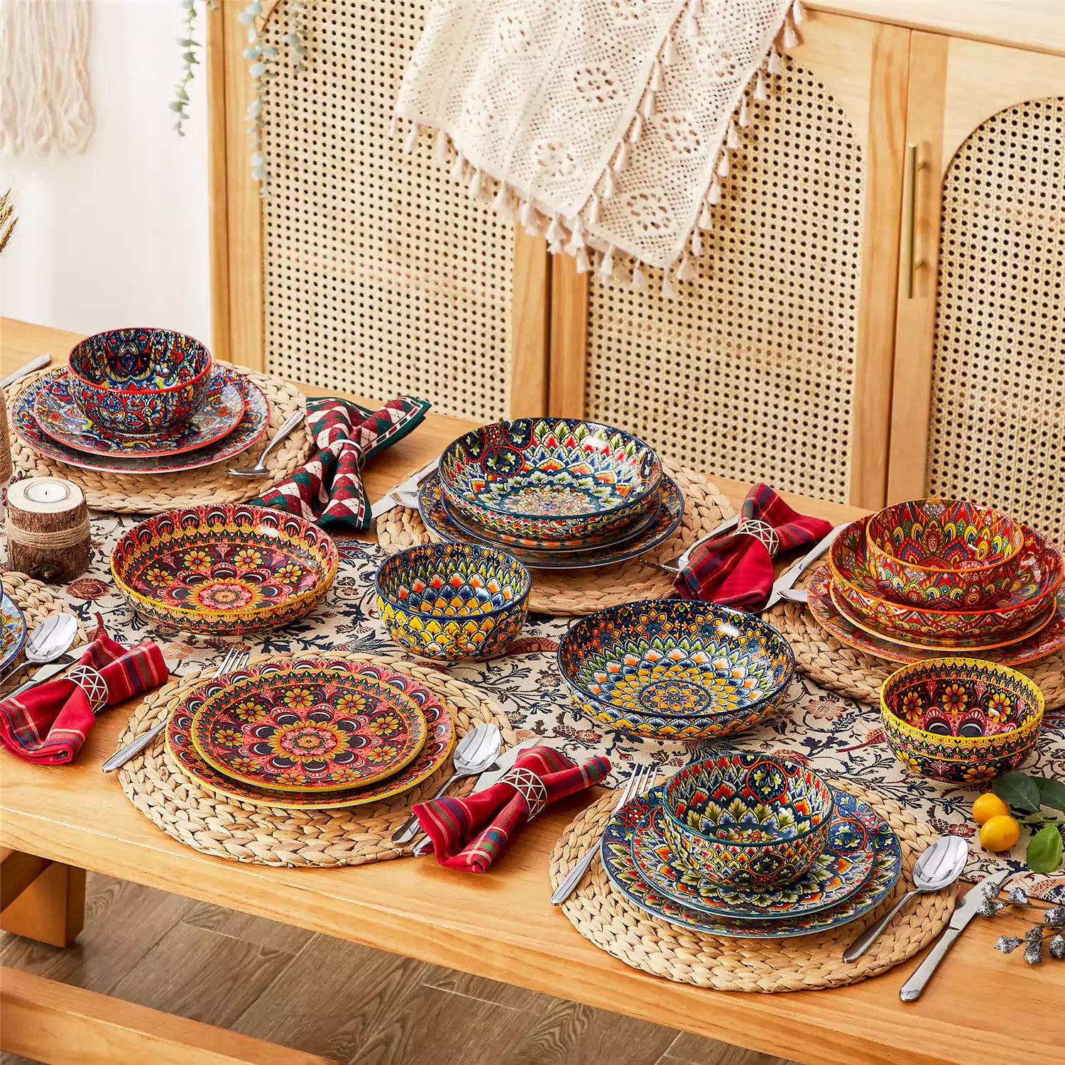 Bohemian style dining table set with Lumi 24 piece colorful dinnerware bowls and vibrant table décor ready for a lively meal