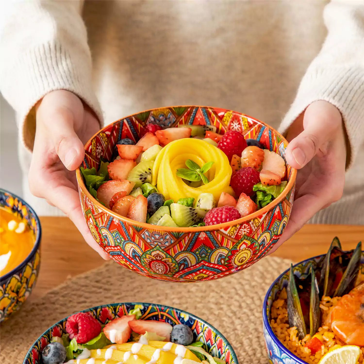 Lumi 28oz porcelain cereal bowl vibrant double sided Bohemian design filled with oatmeal fruit salad creamy soup and seafood risotto