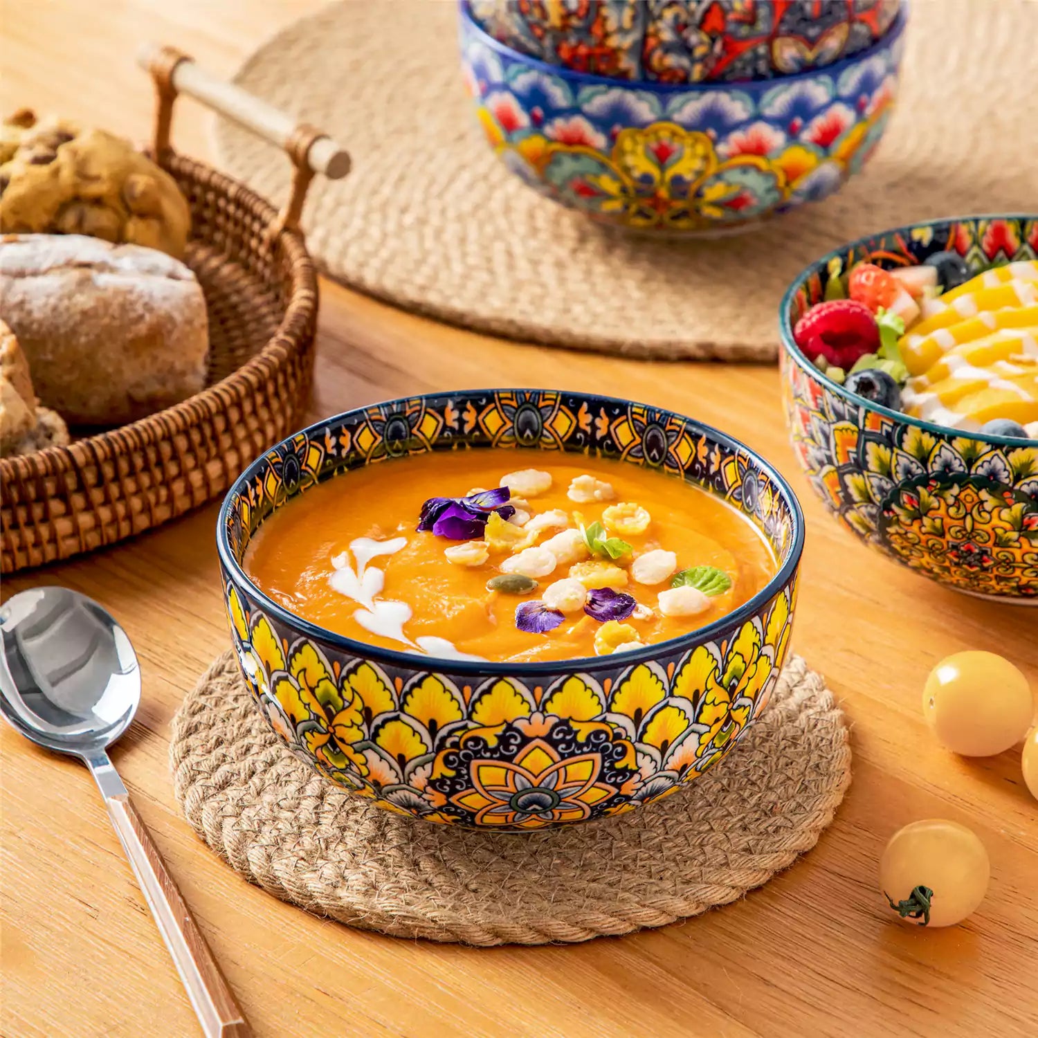 Lumi 28oz porcelain cereal bowl vibrant double sided Bohemian design filled with oatmeal fruit salad creamy soup and seafood risotto