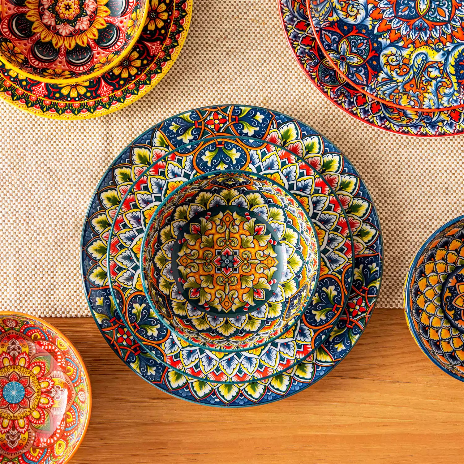 Lumi 28oz porcelain cereal bowl vibrant double sided Bohemian design filled with oatmeal fruit salad creamy soup and seafood risotto
