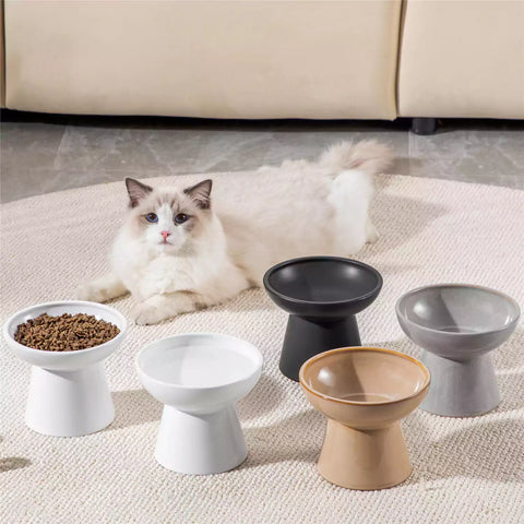 Elevated Cat Bowl Set With Stoneware Shallow Water Bowl And Deep Food Bowl - Designed For Comfortable And Mess-Free Feeding - Black