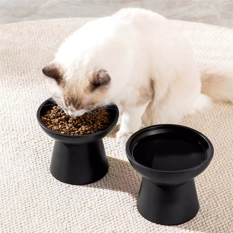 Elevated Cat Bowl Set With Stoneware Shallow Water Bowl And Deep Food Bowl - Designed For Comfortable And Mess-Free Feeding - Black