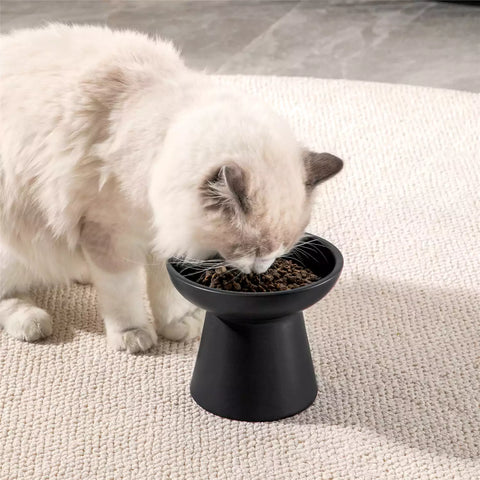 Elevated Cat Bowl Set With Stoneware Shallow Water Bowl And Deep Food Bowl - Designed For Comfortable And Mess-Free Feeding - Black