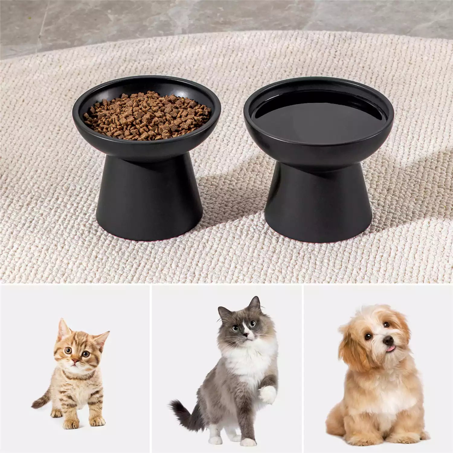 Elevated Cat Bowl Set With Stoneware Shallow Water Bowl And Deep Food Bowl - Designed For Comfortable And Mess-Free Feeding - Black