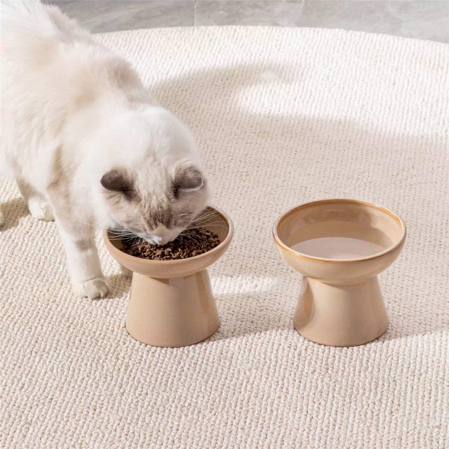 Elevated Cat Bowl Set With Stoneware Shallow Water Bowl And Deep Food Bowl - Designed For Comfortable And Mess-Free Feeding - Brown