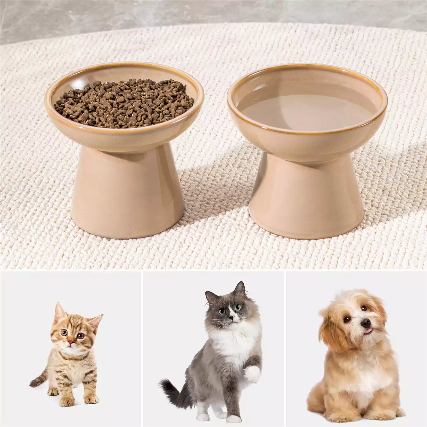 Elevated Cat Bowl Set With Stoneware Shallow Water Bowl And Deep Food Bowl - Designed For Comfortable And Mess-Free Feeding - Brown