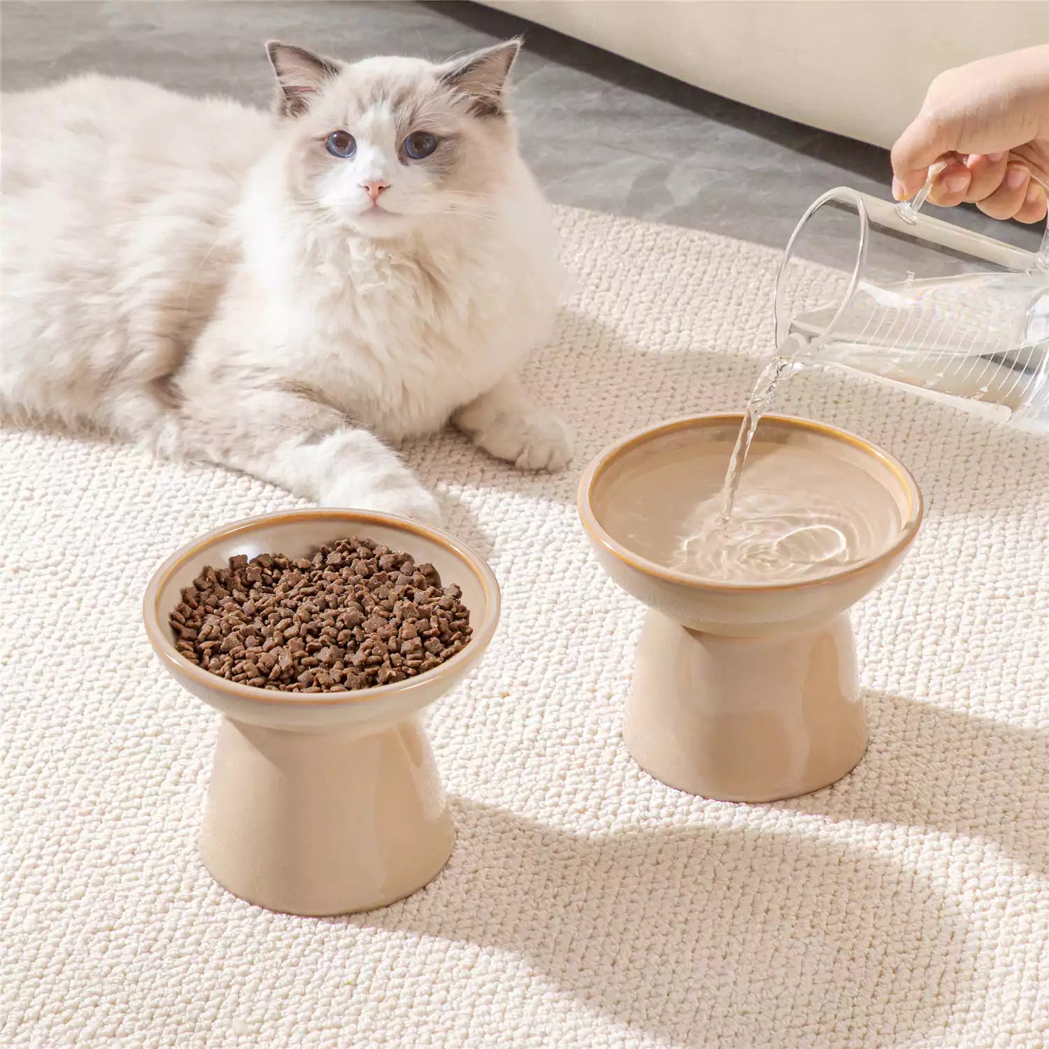 Elevated Cat Bowl Set With Stoneware Shallow Water Bowl And Deep Food Bowl - Designed For Comfortable And Mess-Free Feeding - Brown