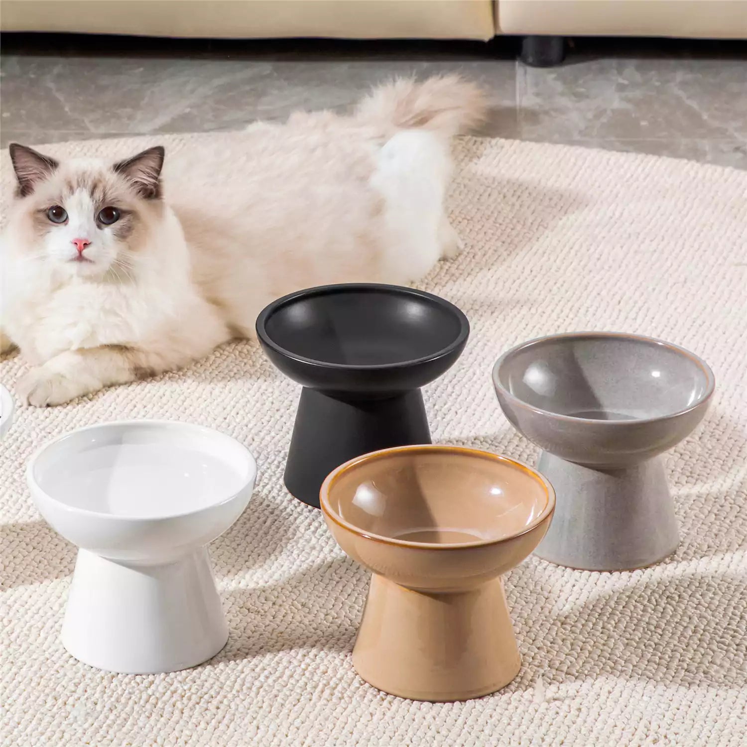Elevated Cat Bowl Set With Stoneware Shallow Water Bowl And Deep Food Bowl - Designed For Comfortable And Mess-Free Feeding - Grey