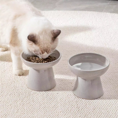 Elevated Cat Bowl Set With Stoneware Shallow Water Bowl And Deep Food Bowl - Designed For Comfortable And Mess-Free Feeding - Grey