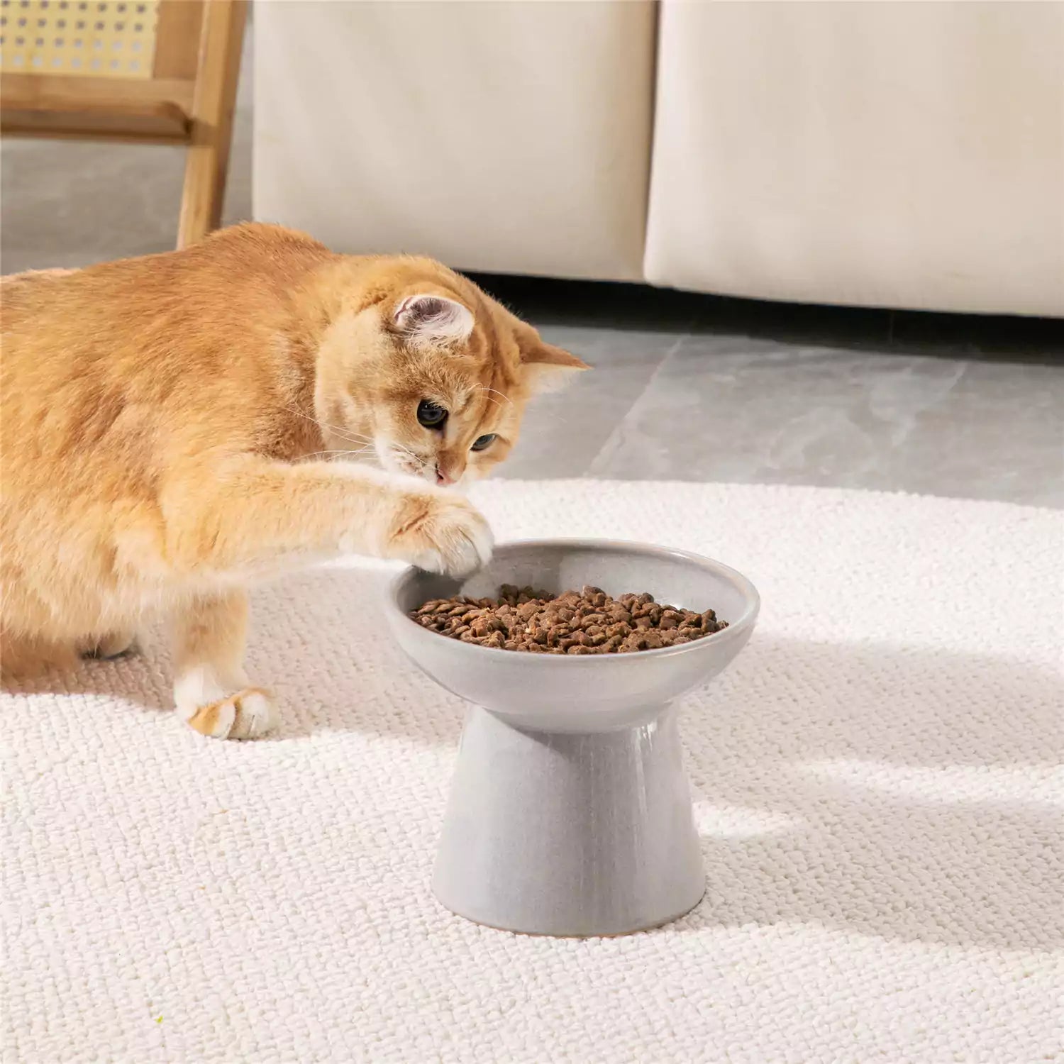 Elevated Cat Bowl Set With Stoneware Shallow Water Bowl And Deep Food Bowl - Designed For Comfortable And Mess-Free Feeding - Grey