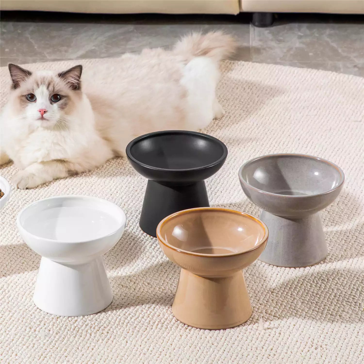 Elevated Cat Bowl Set With Stoneware Shallow Water Bowl And Deep Food Bowl - Designed For Comfortable And Mess-Free Feeding - White