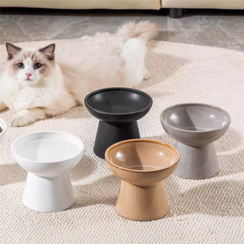 Elevated Cat Bowl Set With Stoneware Shallow Water Bowl And Deep Food Bowl - Designed For Comfortable And Mess-Free Feeding - White