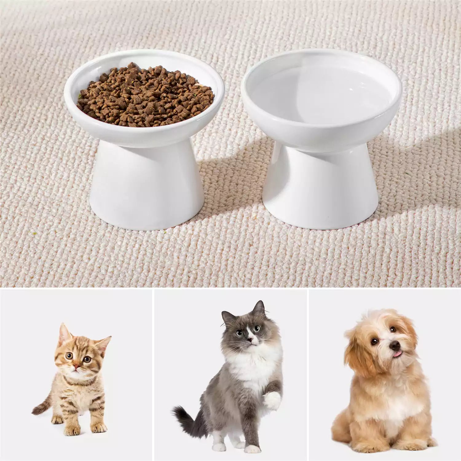 Elevated Cat Bowl Set With Stoneware Shallow Water Bowl And Deep Food Bowl - Designed For Comfortable And Mess-Free Feeding - White