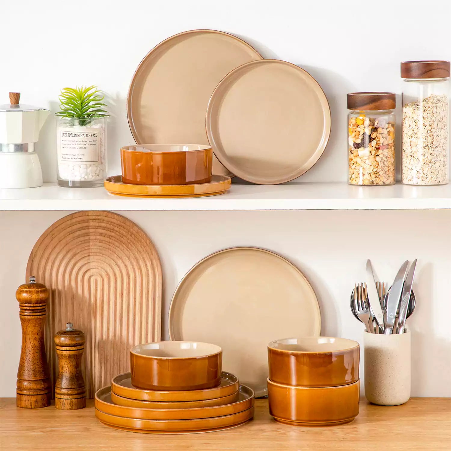 A rustic breakfast spread featuring a plate of meat with vegetables - waffles topped with fruit - and assorted pastries on a white table - complemented by caramel stoneware dinnerware