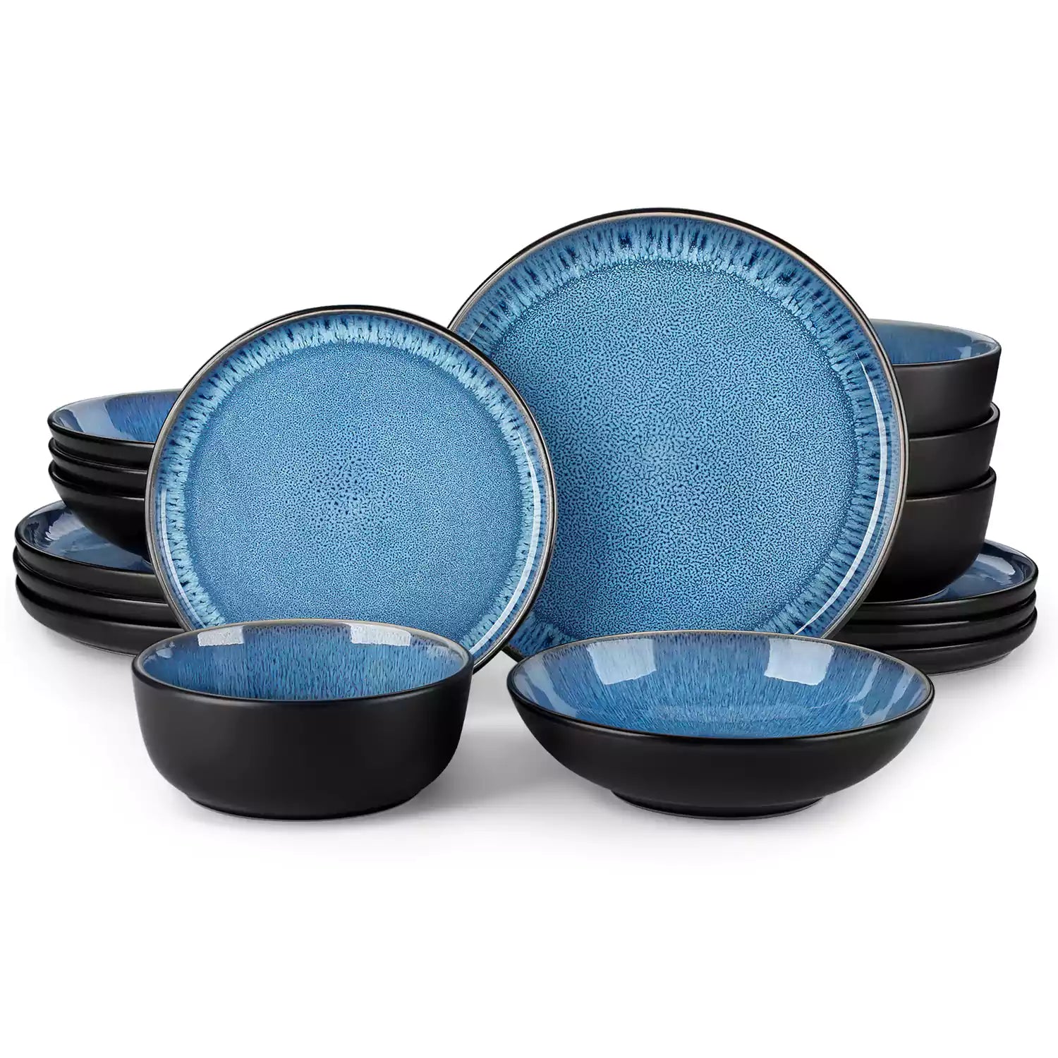A glossy blue 16-piece stoneware dinnerware set from the Playa collection - featuring farmhouse charm with plates and bowls for 4 people-vancasso