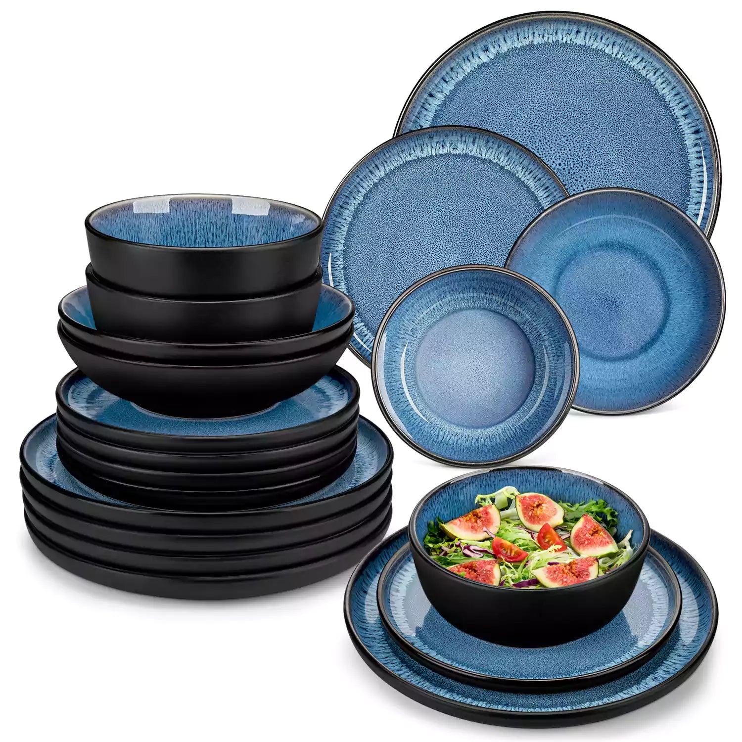 A glossy blue 24-piece stoneware dinnerware set from the Playa collection - featuring farmhouse charm with plates and bowls for 6 people-vancasso