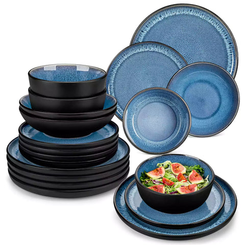 A glossy blue 24-piece stoneware dinnerware set from the Playa collection - featuring farmhouse charm with plates and bowls for 6 people-vancasso