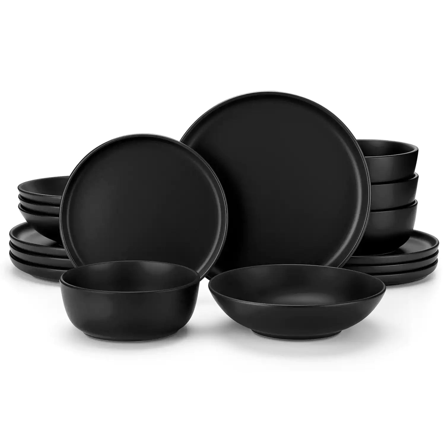 A matte black 16-piece stoneware dinnerware set from the Playa collection - offering a modern touch with plates and bowls for 4 people-vancasso.