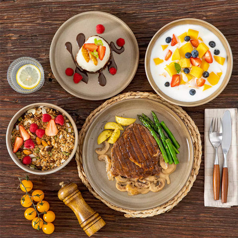 A glossy brown 16-piece stoneware dinnerware set from the Playa collection - featuring farmhouse charm with plates and bowls for 4 people-vancasso