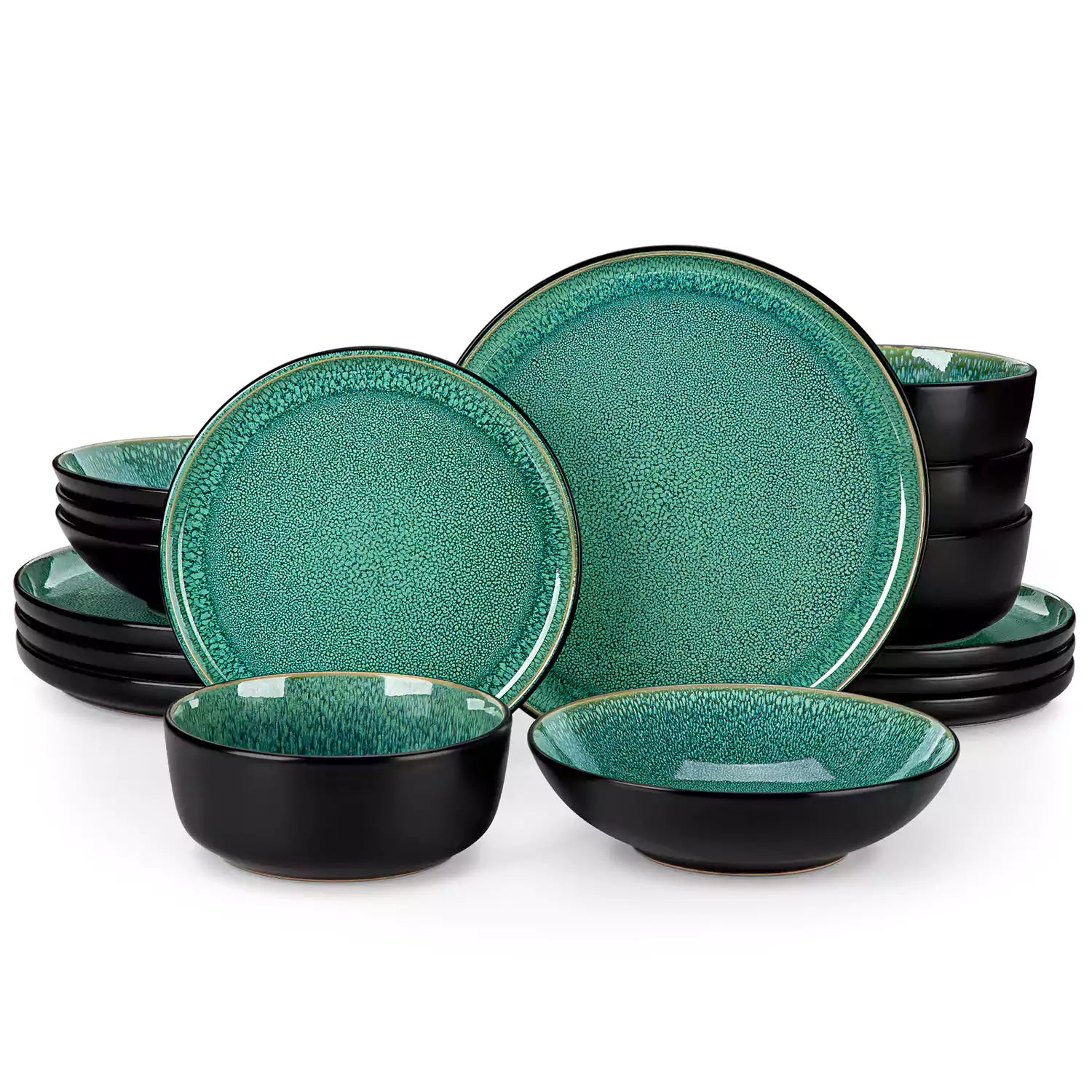 A glossy green 16-piece stoneware dinnerware set from the Playa collection - featuring farmhouse charm with plates and bowls for 4 people-vancasso