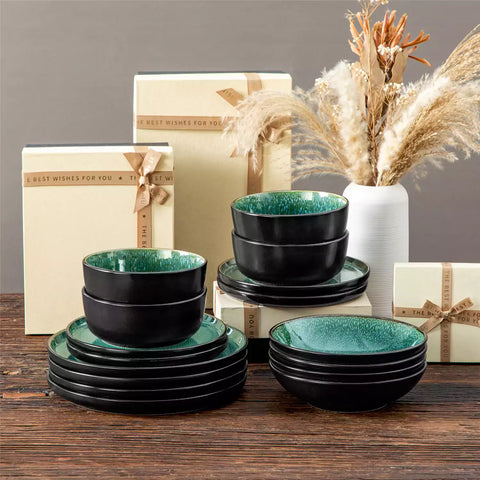 A glossy green 16-piece stoneware dinnerware set from the Playa collection - featuring farmhouse charm with plates and bowls for 4 people-vancasso