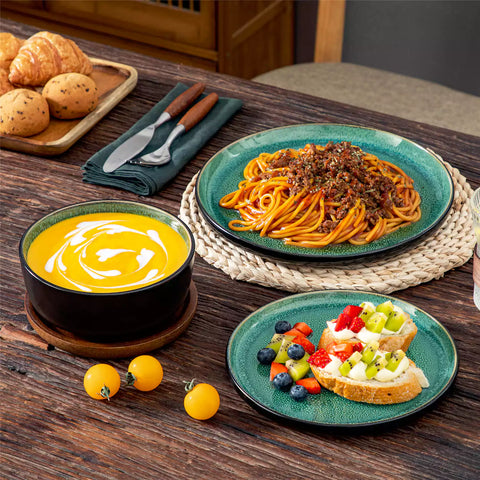 Playa 18-Piece Stoneware Dinnerware Set with plates and bowls for 6 - featuring a unique green reactive glaze and a farmhouse-inspired style-vancasso