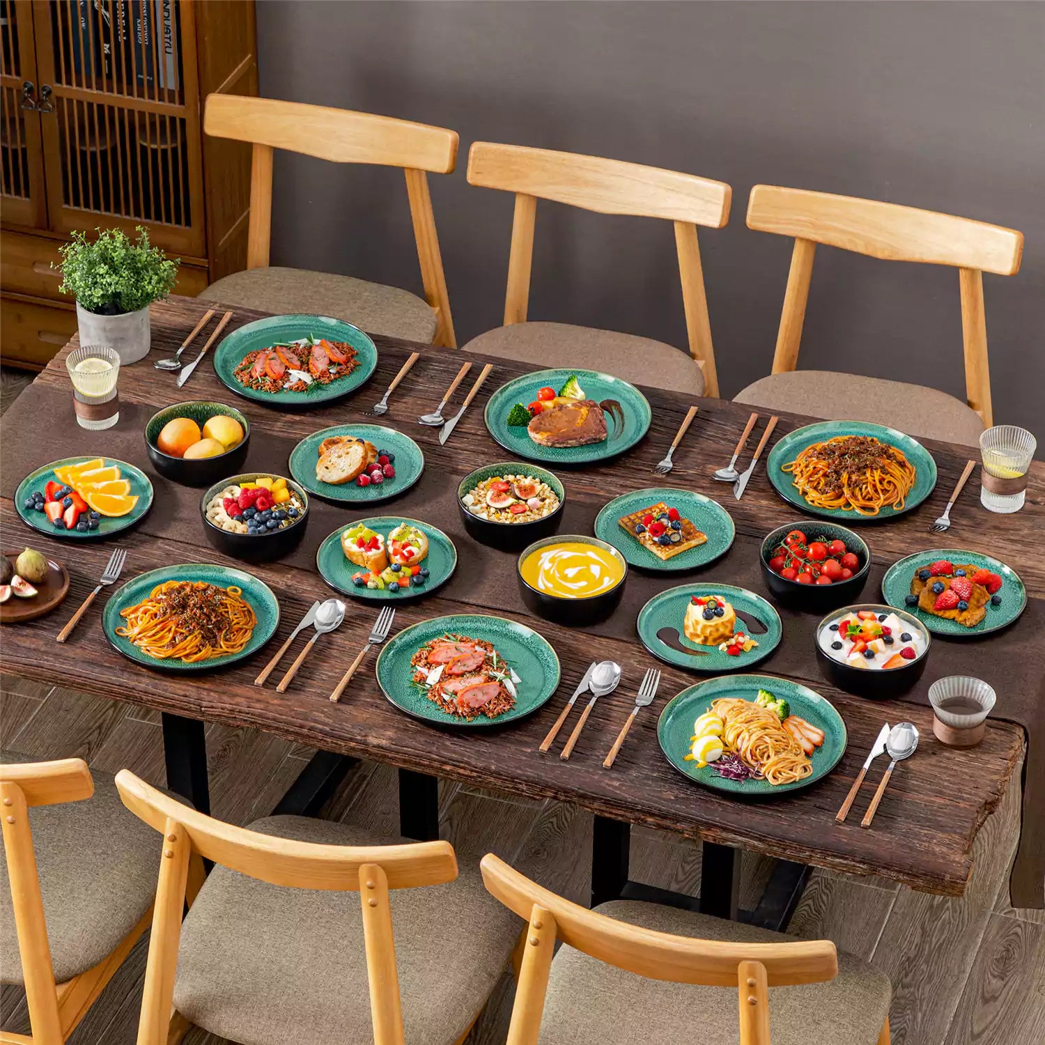 Playa 18-Piece Stoneware Dinnerware Set with plates and bowls for 6 - featuring a unique green reactive glaze and a farmhouse-inspired style-vancasso