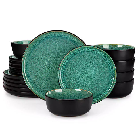 Playa 18-Piece Stoneware Dinnerware Set with plates and bowls for 6 - featuring a unique green reactive glaze and a farmhouse-inspired style-vancasso