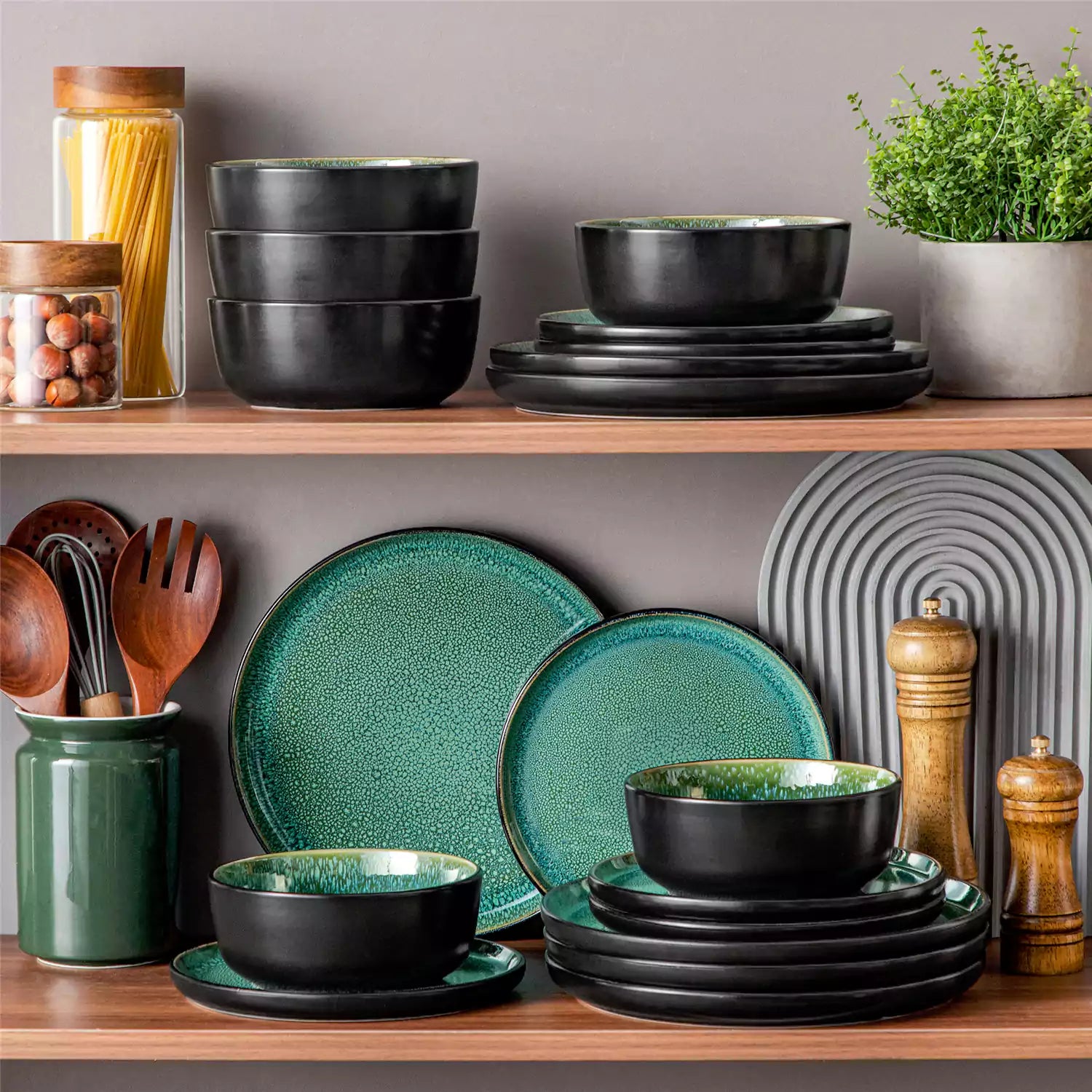 Playa 18-Piece Stoneware Dinnerware Set with plates and bowls for 6 - featuring a unique green reactive glaze and a farmhouse-inspired style-vancasso