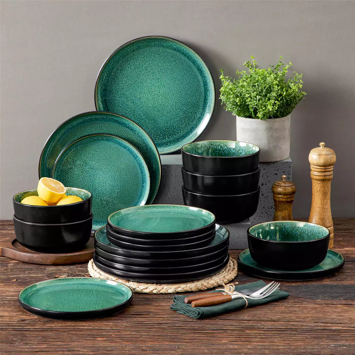Playa 18-Piece Stoneware Dinnerware Set with plates and bowls for 6 - featuring a unique green reactive glaze and a farmhouse-inspired style-vancasso