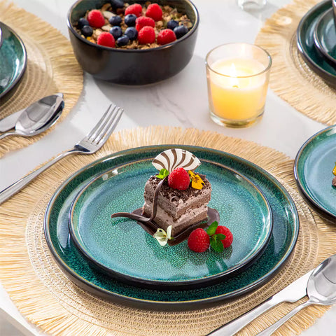A glossy green 24-piece stoneware dinnerware set from the Playa collection - featuring farmhouse charm with plates and bowls for 6 people-vancasso