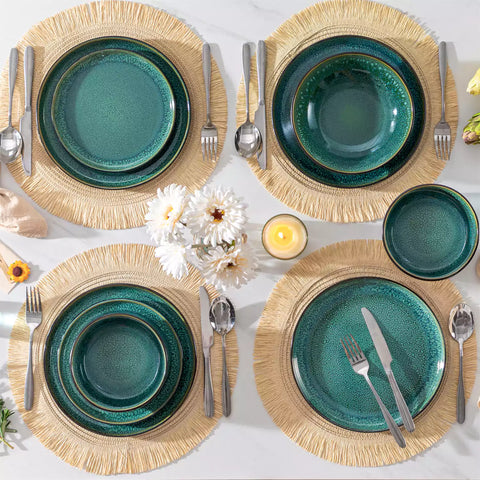 A glossy green 24-piece stoneware dinnerware set from the Playa collection - featuring farmhouse charm with plates and bowls for 6 people-vancasso