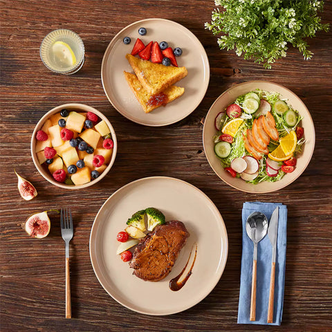 A glossy caramel 16-piece stoneware dinnerware set from the Playa collection - featuring farmhouse charm with plates and bowls for 4 people-vancasso
