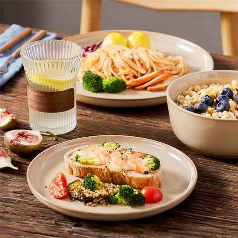 Playa 18-Piece Stoneware Dinnerware Set with plates and bowls for 6 - featuring a unique caramel reactive glaze and a farmhouse-inspired style-vancasso
