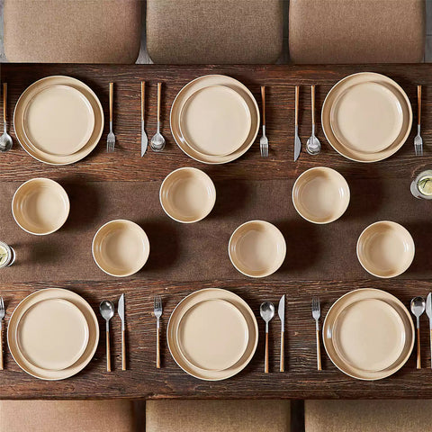 Playa 18-Piece Stoneware Dinnerware Set with plates and bowls for 6 - featuring a unique caramel reactive glaze and a farmhouse-inspired style-vancasso