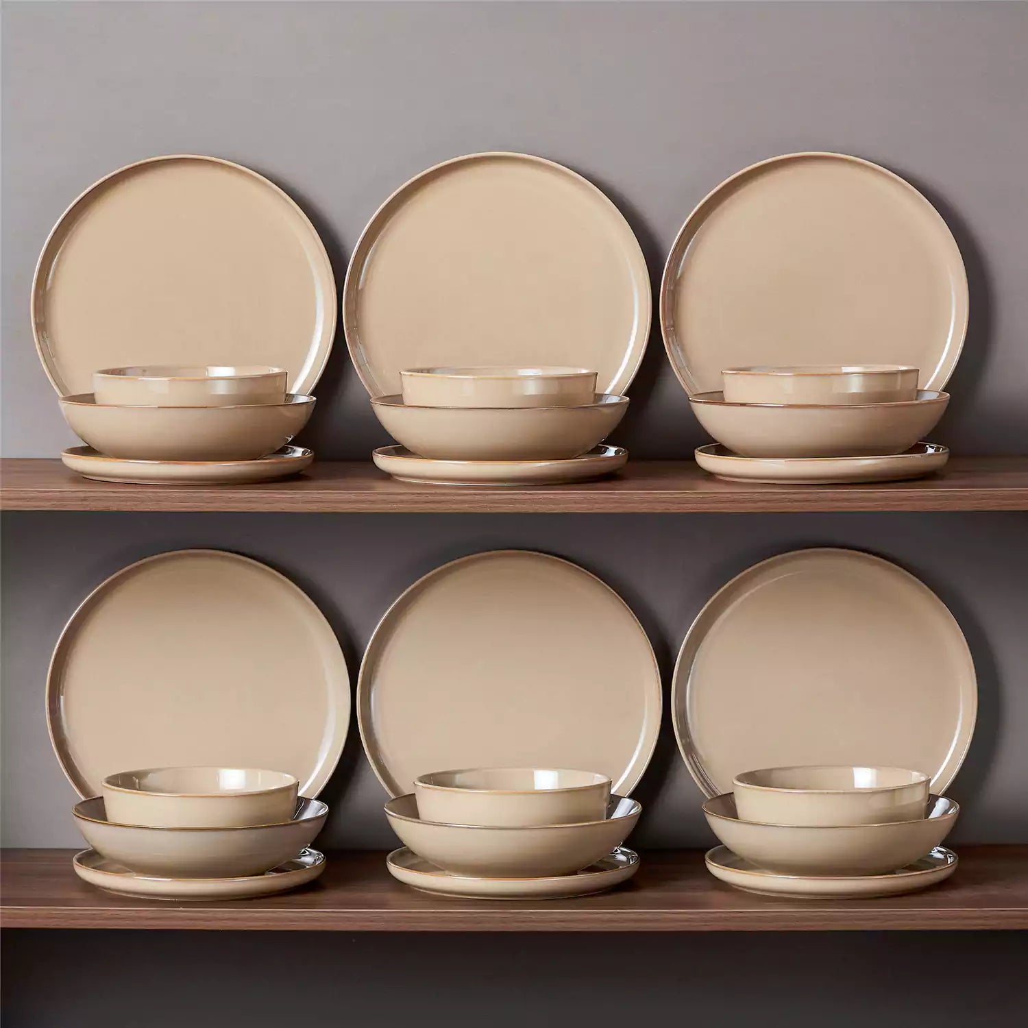 A glossy caramel 24-piece stoneware dinnerware set from the Playa collection - featuring farmhouse charm with plates and bowls for 6 people-vancasso