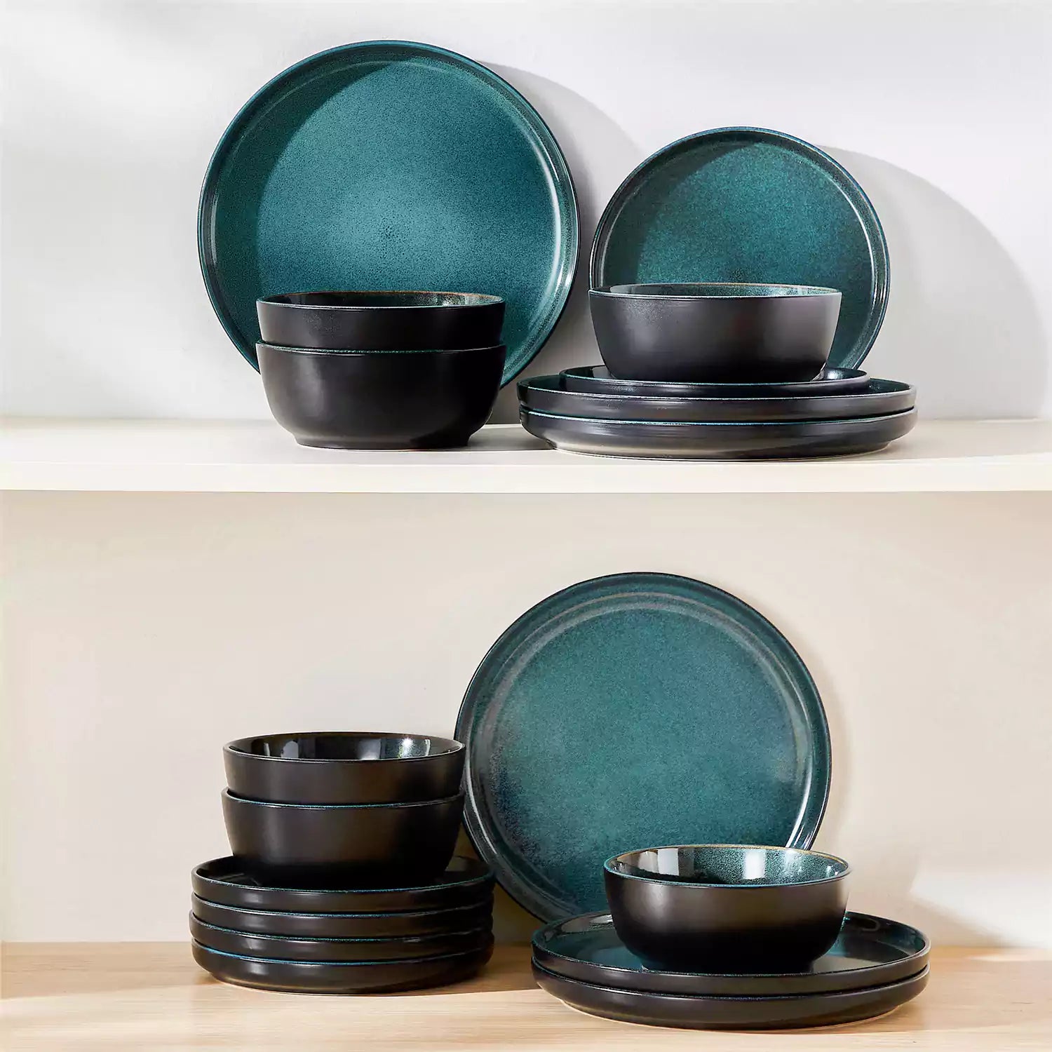 Playa 18-Piece Stoneware Dinnerware Set with plates and bowls for 6 - featuring a unique teal reactive glaze and a farmhouse-inspired style-vancasso