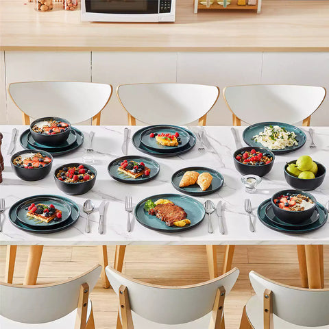 Playa 18-Piece Stoneware Dinnerware Set with plates and bowls for 6 - featuring a unique teal reactive glaze and a farmhouse-inspired style-vancasso