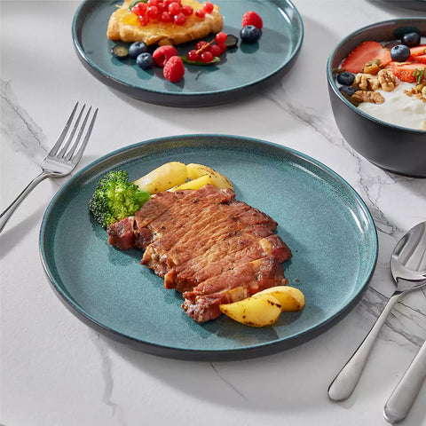 Playa 18-Piece Stoneware Dinnerware Set with plates and bowls for 6 - featuring a unique teal reactive glaze and a farmhouse-inspired style-vancasso