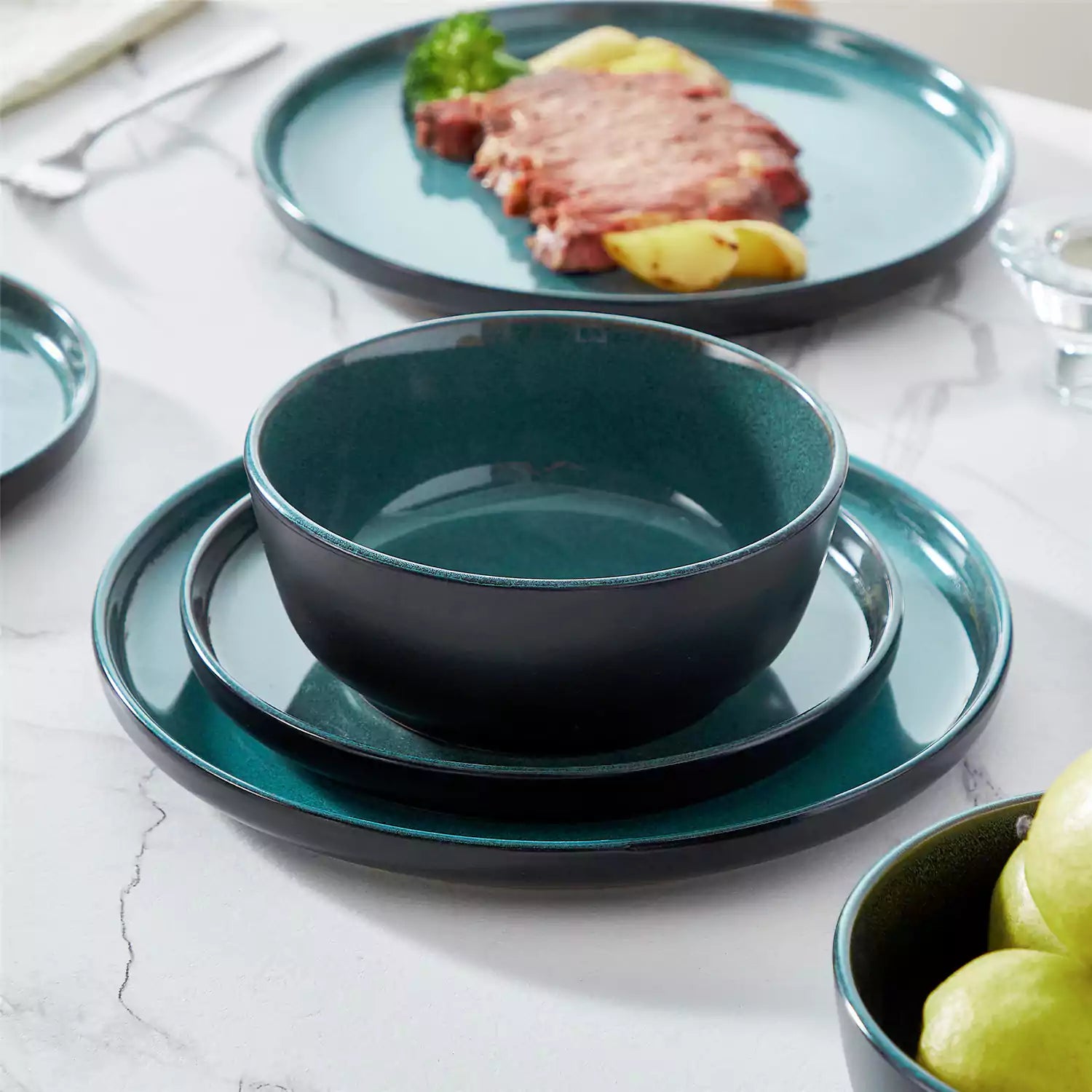 Playa 18-Piece Stoneware Dinnerware Set with plates and bowls for 6 - featuring a unique teal reactive glaze and a farmhouse-inspired style-vancasso