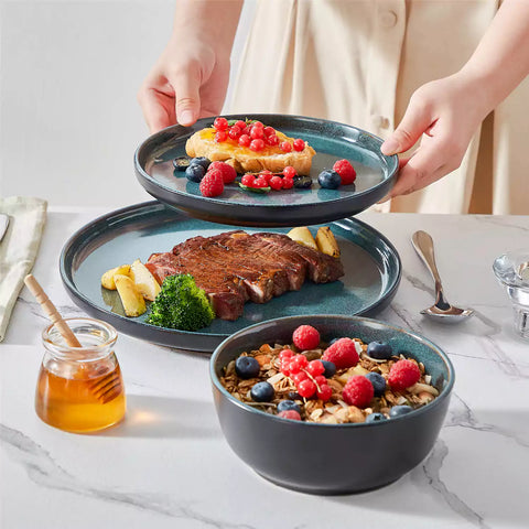 Playa 18-Piece Stoneware Dinnerware Set with plates and bowls for 6 - featuring a unique teal reactive glaze and a farmhouse-inspired style-vancasso