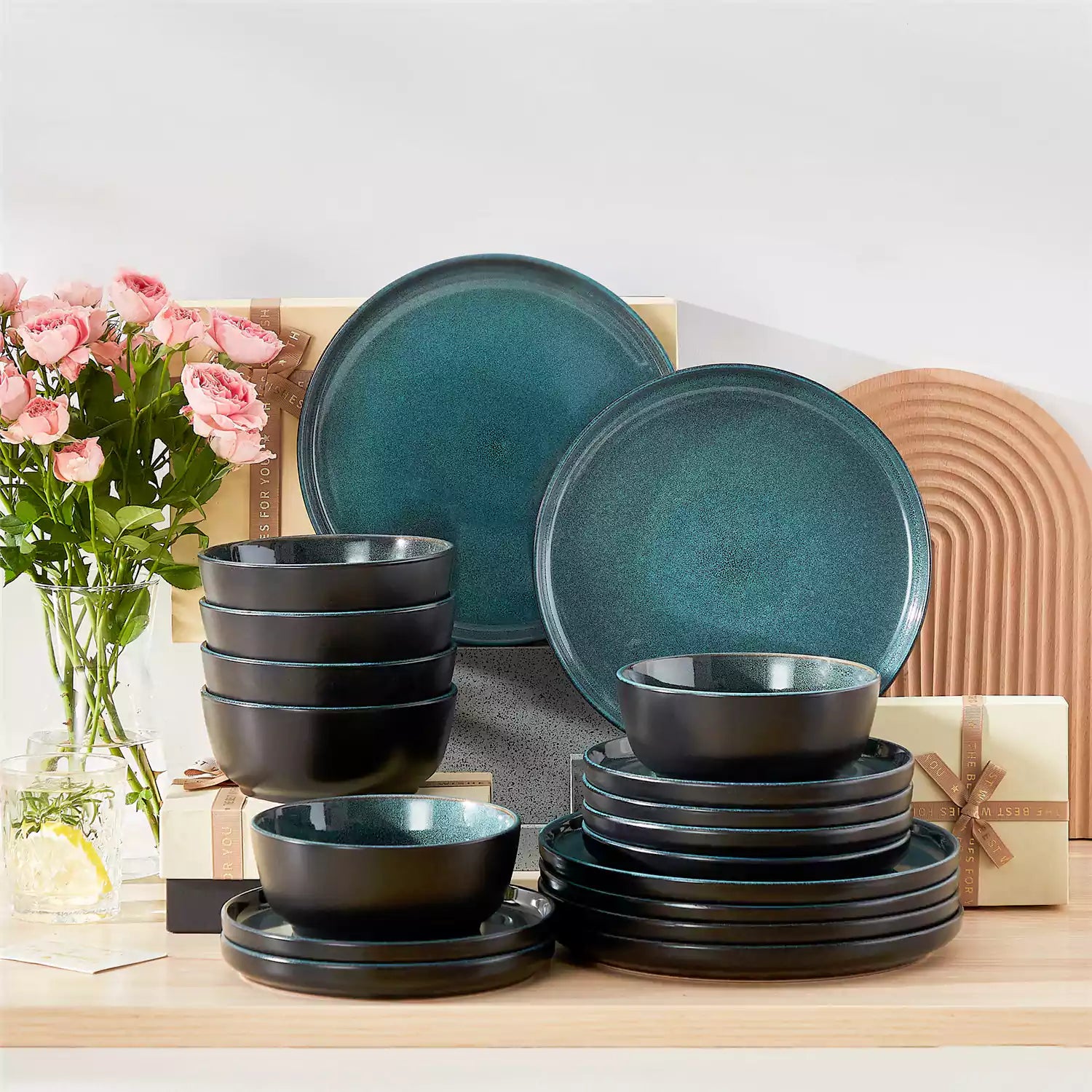 Playa 18-Piece Stoneware Dinnerware Set with plates and bowls for 6 - featuring a unique teal reactive glaze and a farmhouse-inspired style-vancasso