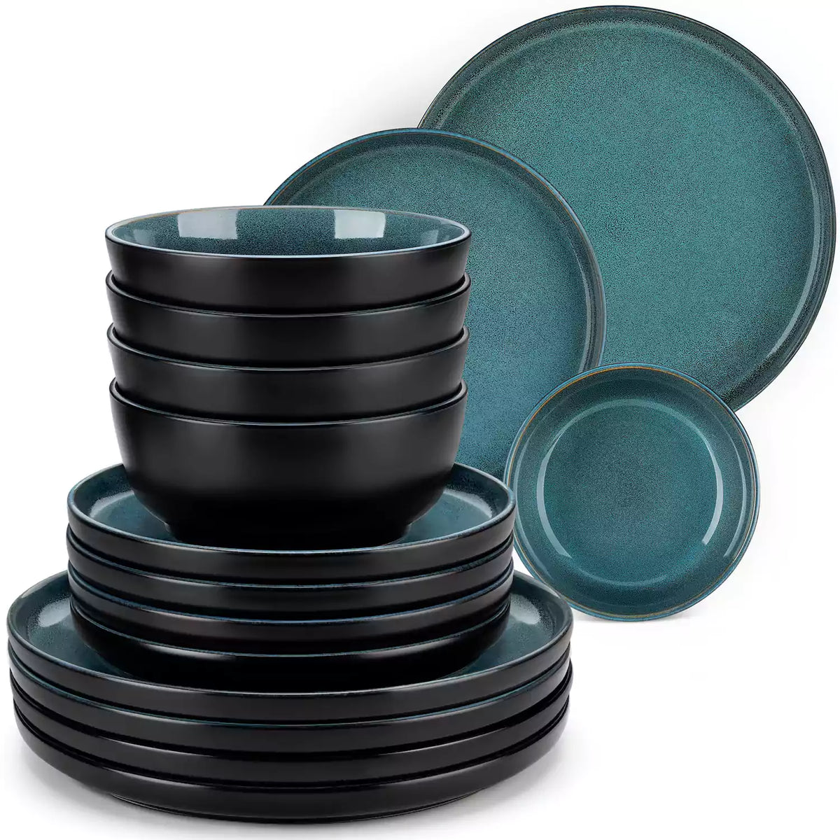 Playa 18-Piece Stoneware Dinnerware Set with plates and bowls for 6 - featuring a unique teal reactive glaze and a farmhouse-inspired style-vancasso