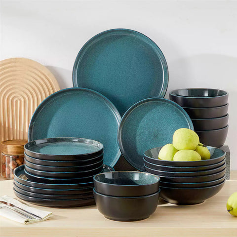 A glossy teal 24-piece stoneware dinnerware set from the Playa collection - featuring farmhouse charm with plates and bowls for 6 people-vancasso